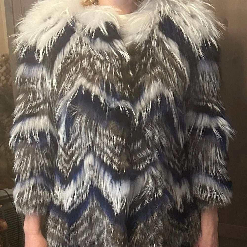 Grey & Multicolor Yves Salomon raccoon /Fox Fur Jacket Size EU 40 /US 10